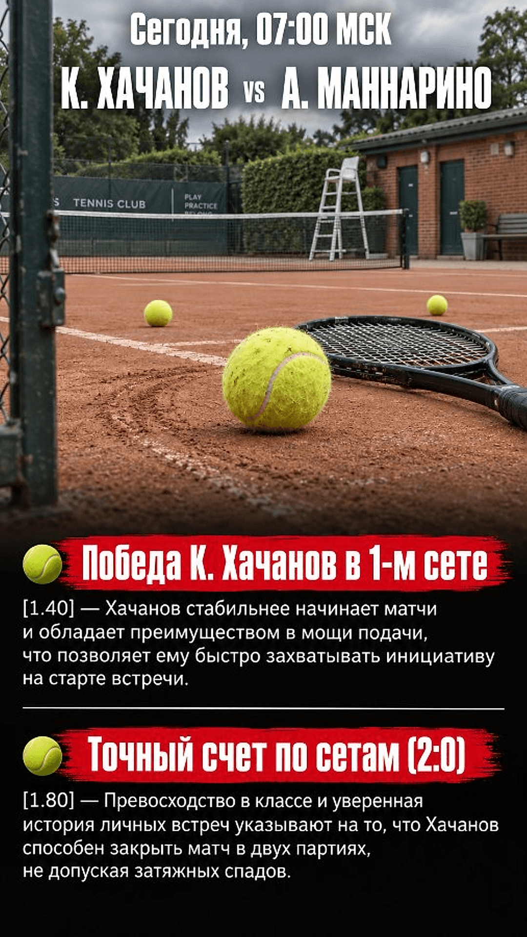 Прогноз К. Хачанов - А. Маннарино на теннисный матч 11 октября 2026