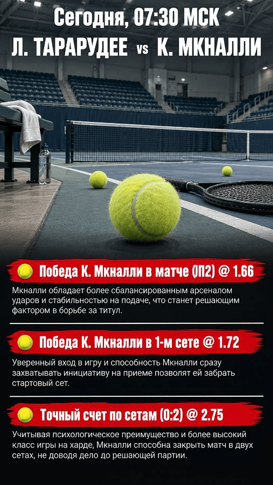 Прогноз Л. Тарарудее - К. Мкналли на теннисный матч 11 октября 2026