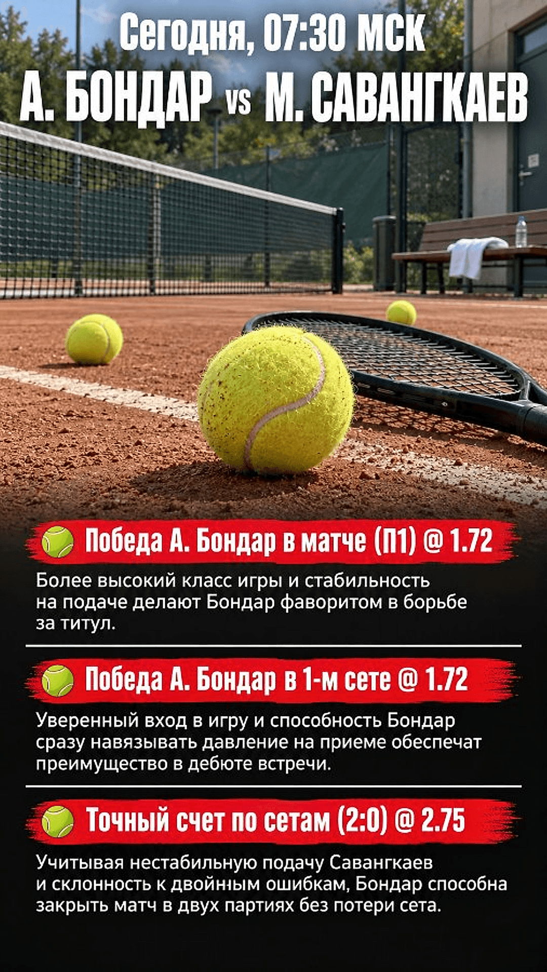 Прогноз А. Бондар - М. Савангкаев на теннисный матч 11 октября 2026